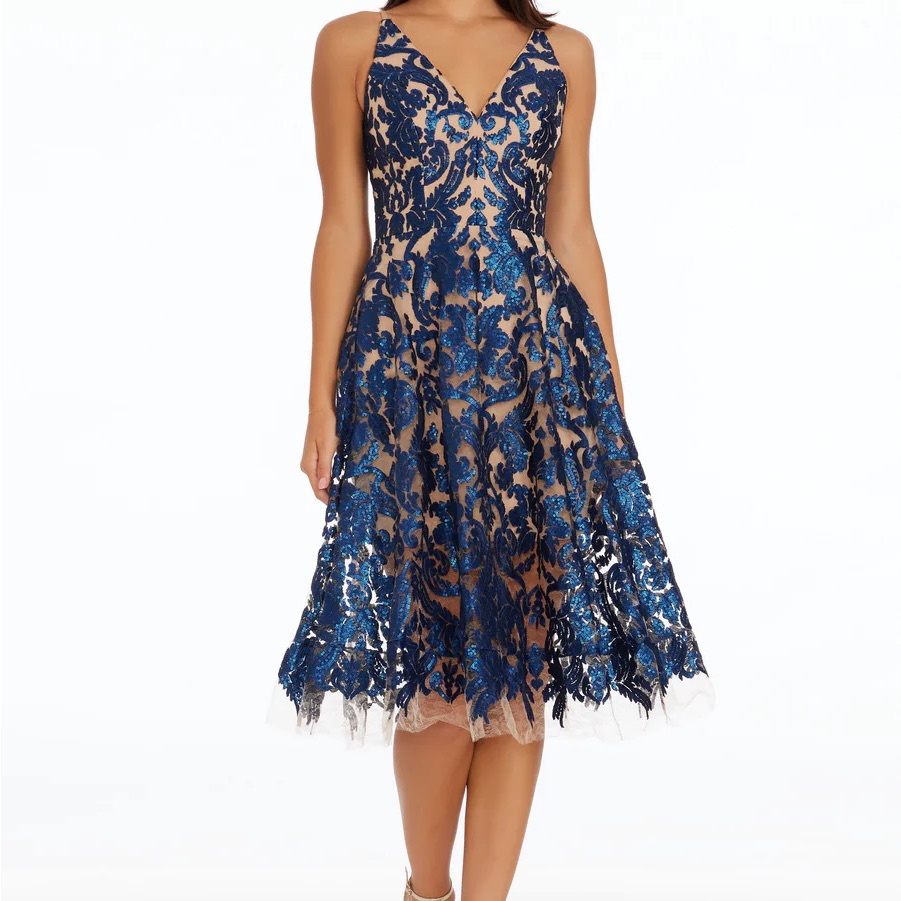 Dress The Population Blue Sequin Embroidered V-Neck Midi Dress